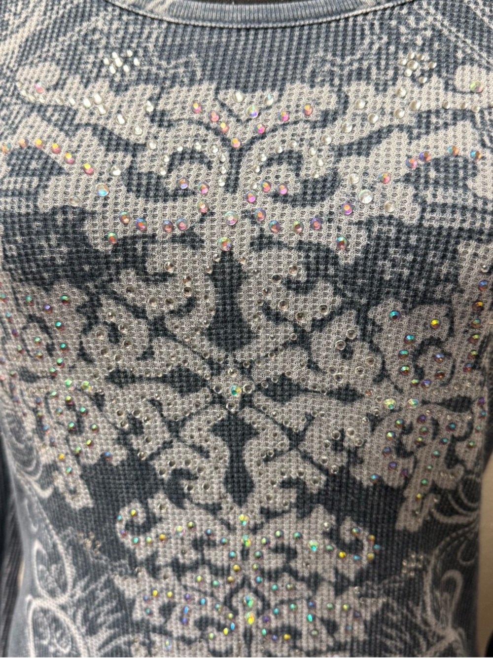 Daytrip Blue Thermal Top Lace Back Rhinestone Long Sleeve Boho Medium - Picture 3 of 9